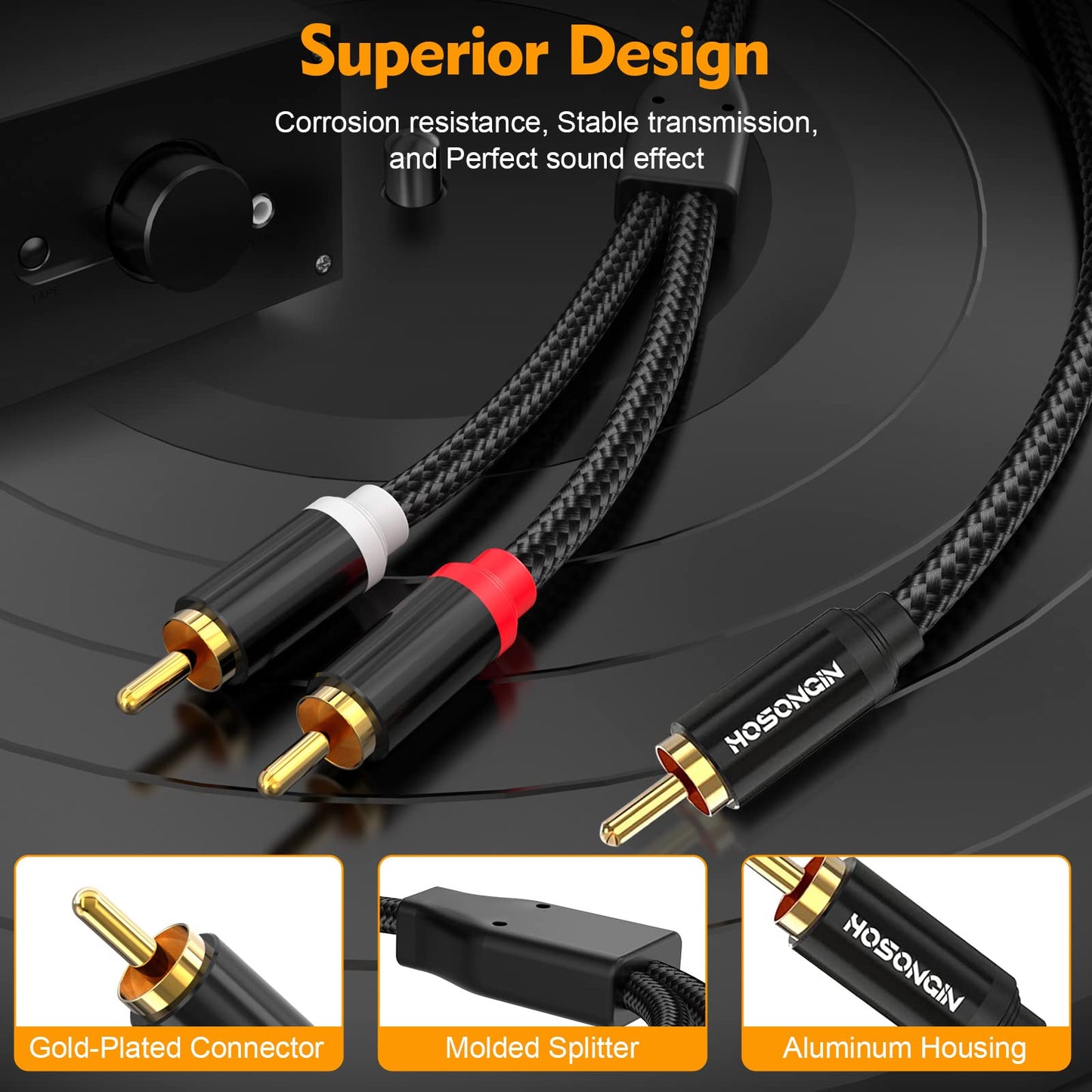 HOSONGIN RCA Y Splitter Cable, 3.3Ft, 2Pack, 1 Male to 2 Male Audio Cable, Gold-Plated, Noise-Free Durable Braided Design RCA Adapter for Subwoofers