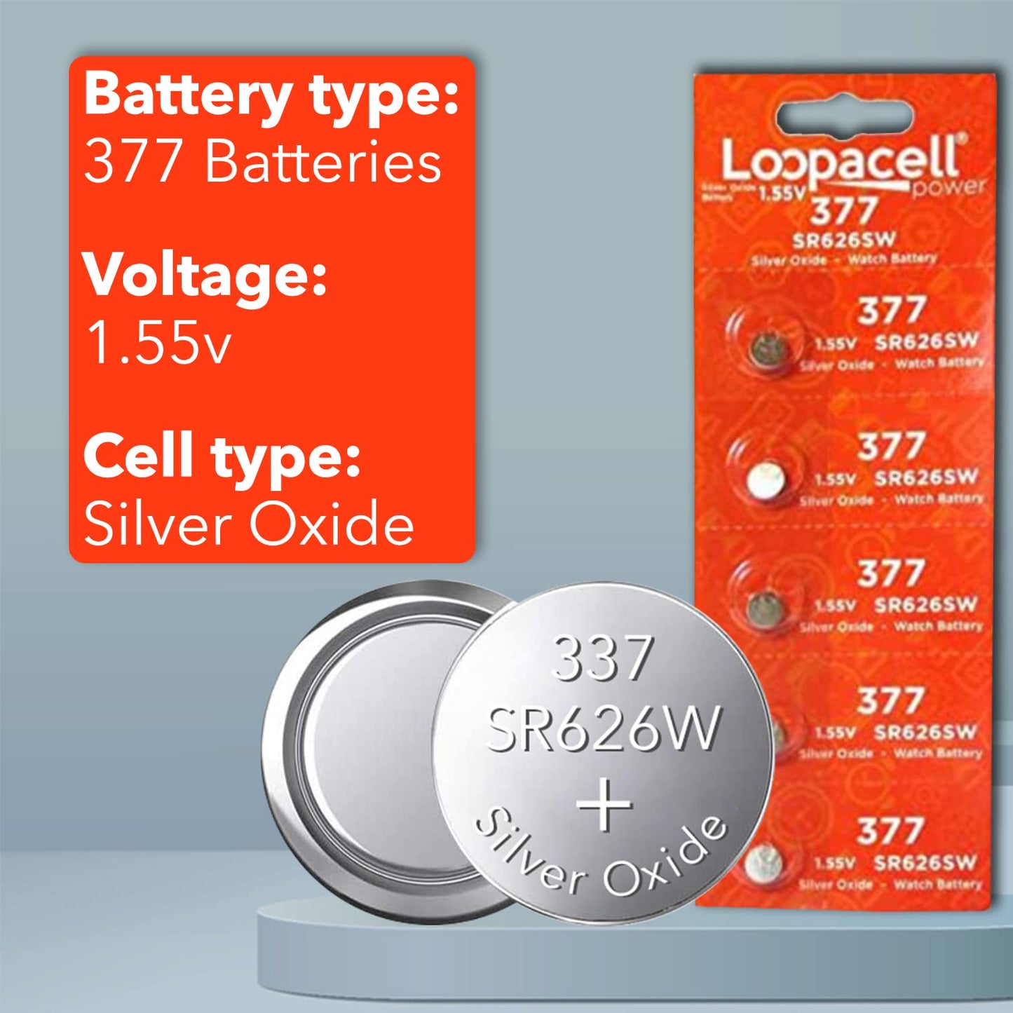 LOOPACELL 377/376 / SR626W / SR626SW / Silver Oxide Watch Batteries (Pack of 5) - 1.55V Long Lasting Coin Cell Battery for Watches, Toys…