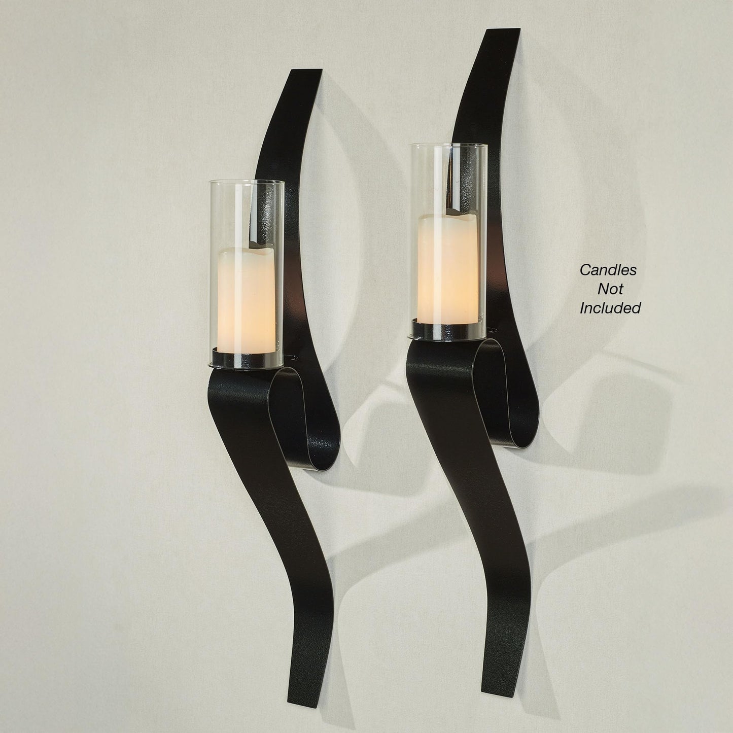 Harmony Wall Sconce Pair | Chic Black | Included Glass Hurricane Candleholders | Handcrafted in The USA | Contemporary Curving Steel Candle Holder