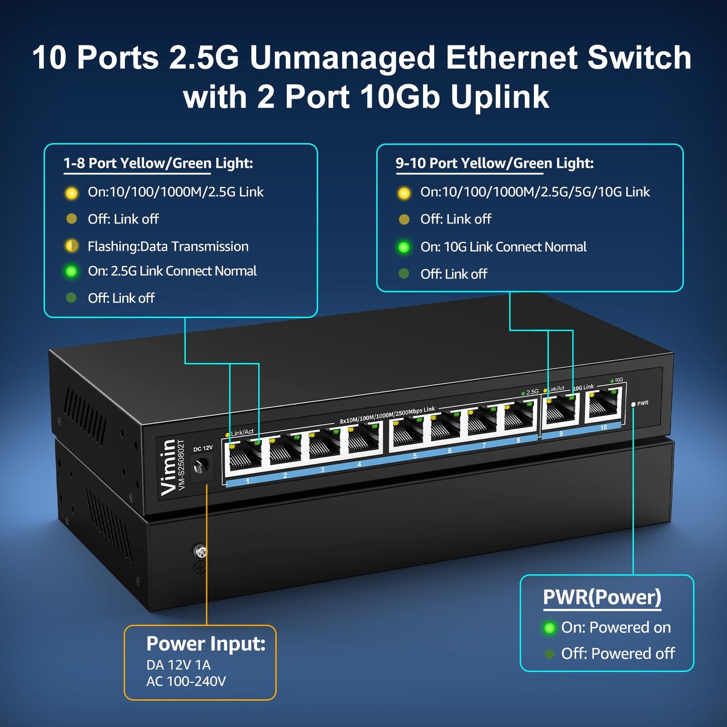 10-Port 10G/2.5G Ethernet Switch with Dual 10GBASE-T, Vimin 8X 2.5G +2 x 10Gb RJ45 Ports Unmanaged Switch, 80Gbps Capacity, 10G Switch Desktop/Wall
