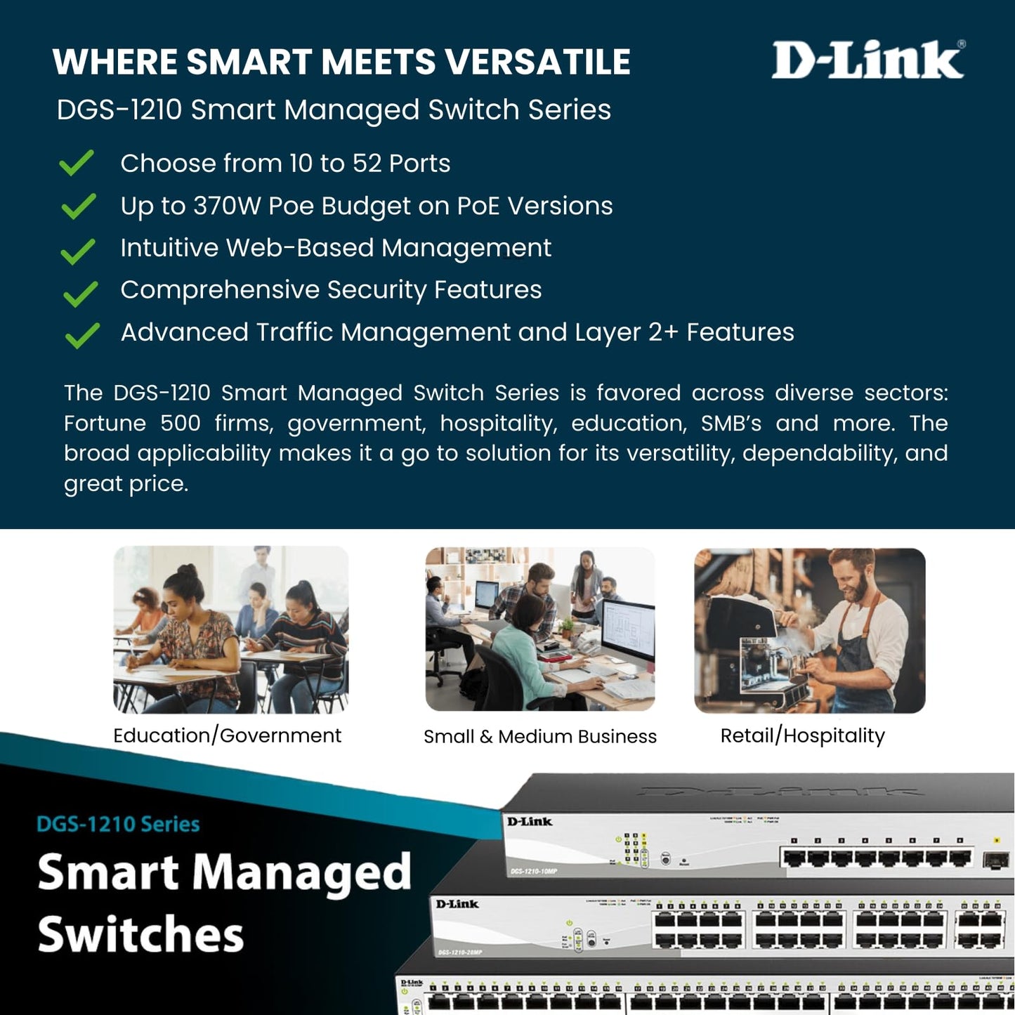 D-Link 10-Port Gigabit Smart Managed Switch | 8 GbE + 2 SFP Ports | L2+ | VLANs | Cable Diagnostics | Web Managed | Desktop or Rackmount | Fanless |
