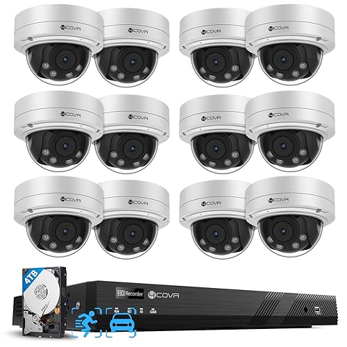 4COVR 4K 16 Channel Security Camera System PoE, 12Pcs IK10 Vandal-Proof 8MP 2.7-13.5mm Dome IP Camera AutoFocus for Business, IP67 Human/Vehicle