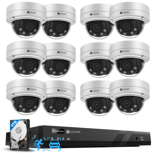 4COVR 4K 16 Channel Security Camera System PoE, 12Pcs IK10 Vandal-Proof 8MP 2.7-13.5mm Dome IP Camera AutoFocus for Business, IP67 Human/Vehicle
