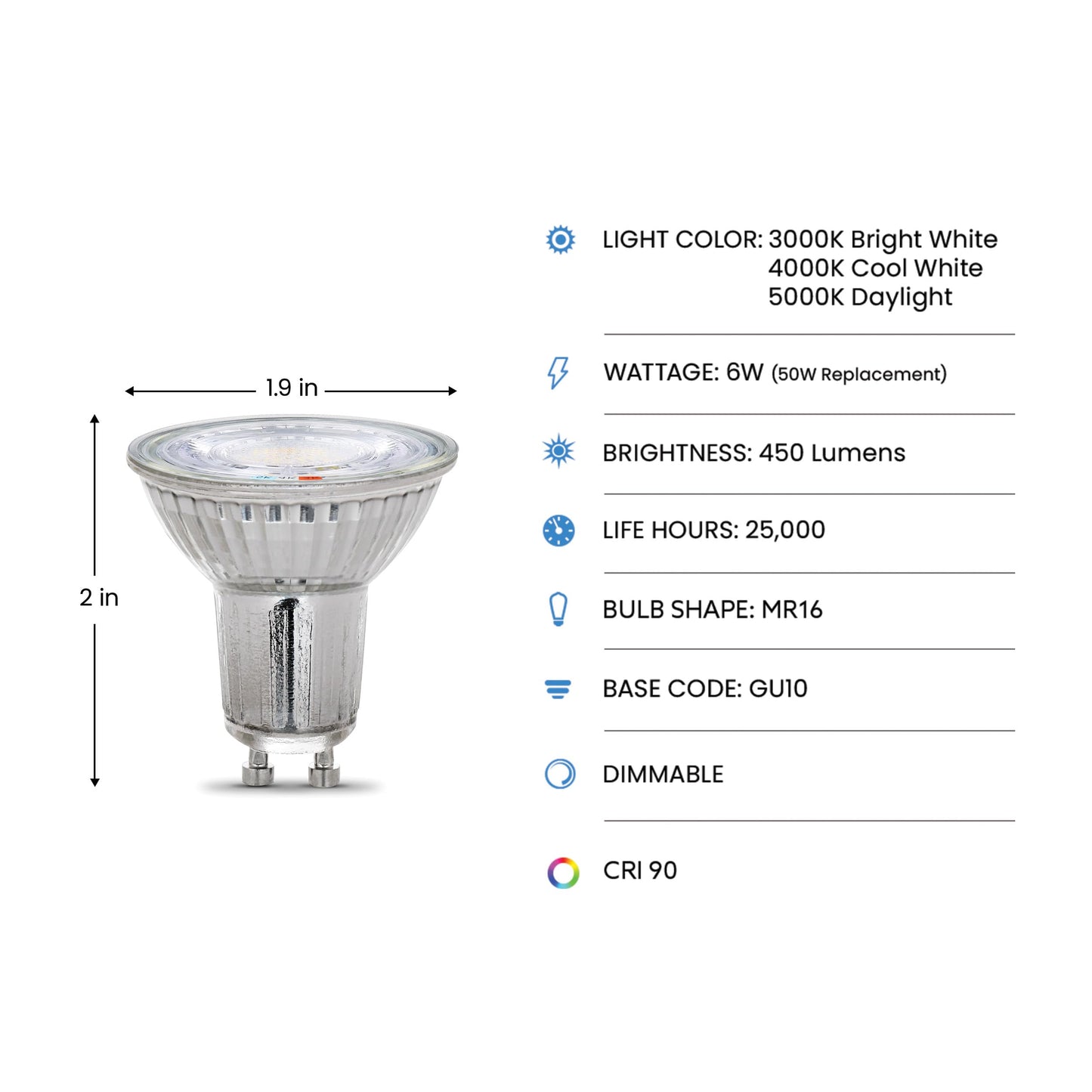 Feit Electric MR16 LED Reflector Light Bulb, 50W Equivalent, Dimmable, GU10 Base, 90+ CRI, 450 Lumen, Adjustable Color Temperature Track Lighting
