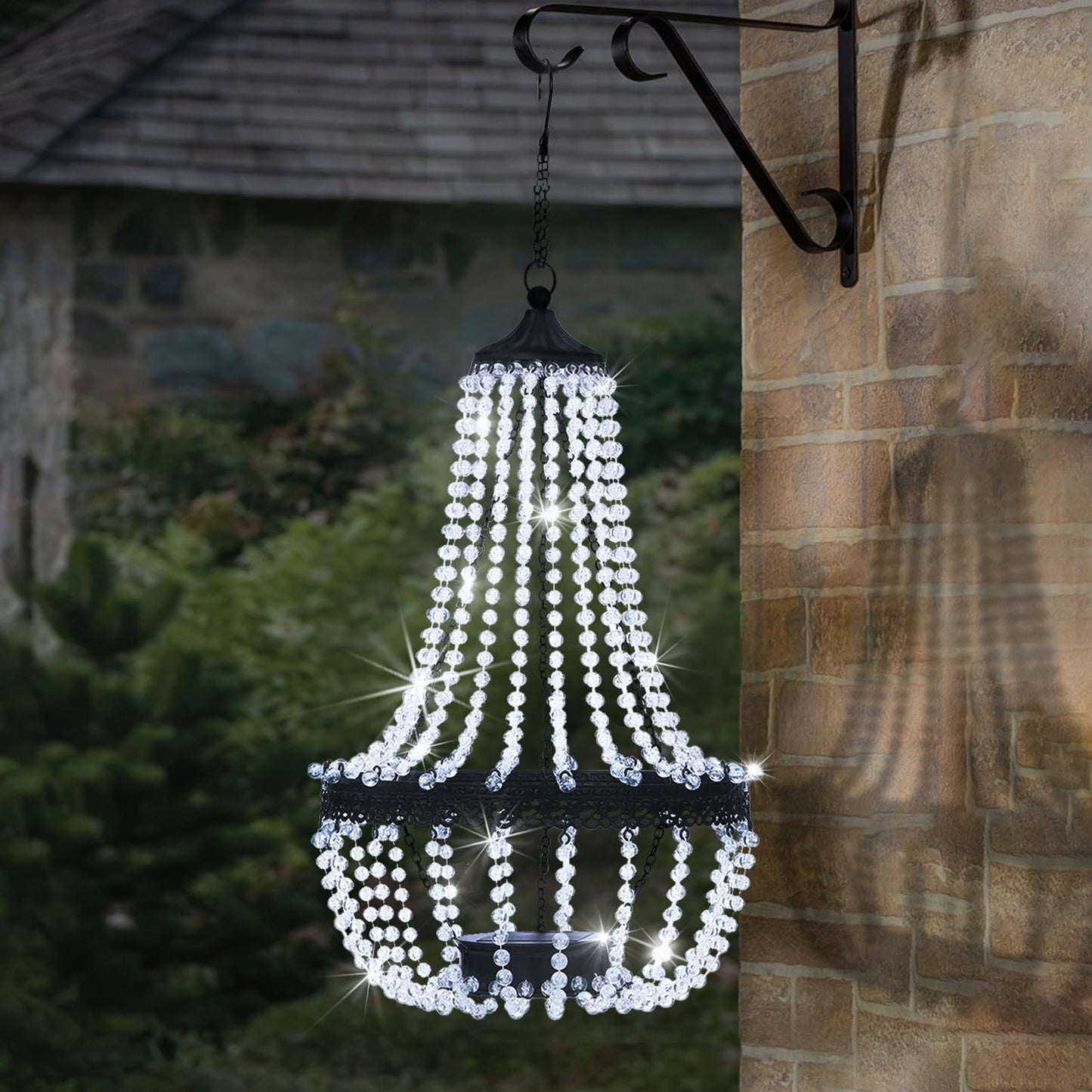 Hanging Solar Chandelier Outdoor, 30 Cool White Lights Acrylic Clear Beaded Chandelier with S Hooks Modern Lantern for Garden Yard Patio Gazebo