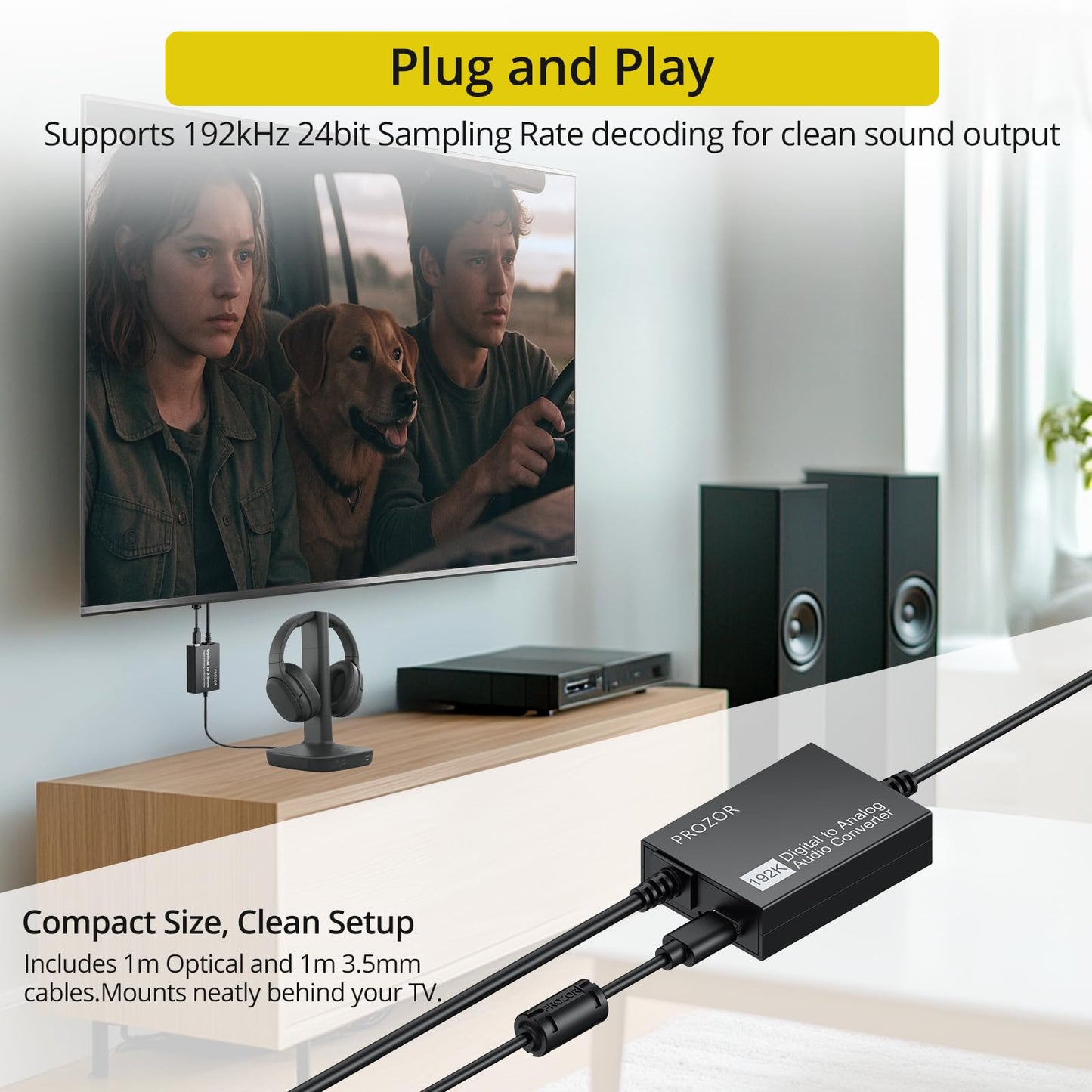 PROZOR 192kHz Digital to Analog Converter - DAC Digital Optical Toslink to 3.5mm Stereo Audio Adapter, SPDIF to 3.5mm Jack Amp for HD TV, Set top Box