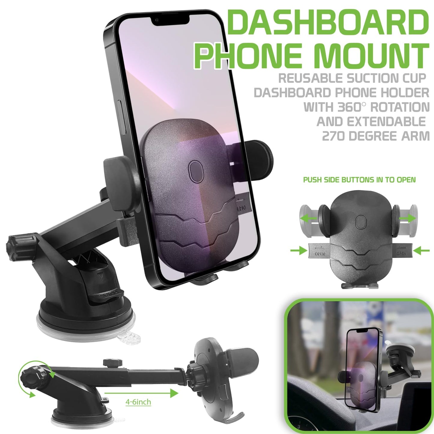 Cellet Dashboard Phone Mount, Reusable Suction Cup Phone Holder with 360 Degree Rotation and Extendable 270 Degree Arm