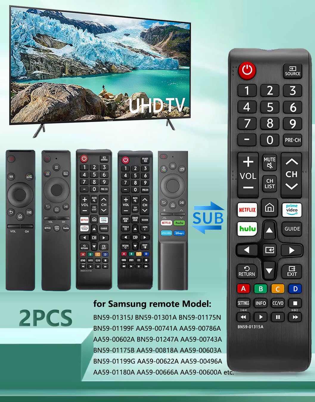 (Pack of 2) Replacement for Samsung-Smart TV Remote Control, for All Samsung-LED LCD QLED 4K 8K UHD 3D HDTV HDR Curved Crystal Smart TV BN59-01199F