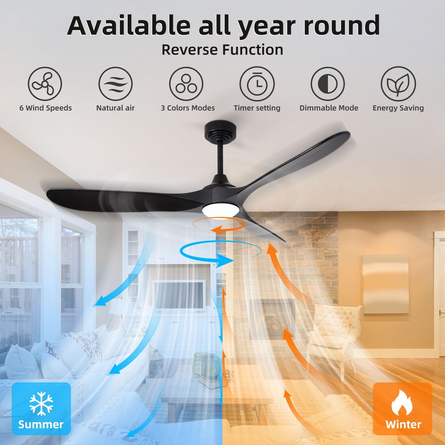 Homlit 60” Outdoor Ceiling Fan with Light 3 Downrods, Smart Wood Ceiling Fan Compatible with Alexa/Google/App, 3 Blades Modern Black Wood Ceiling Fans