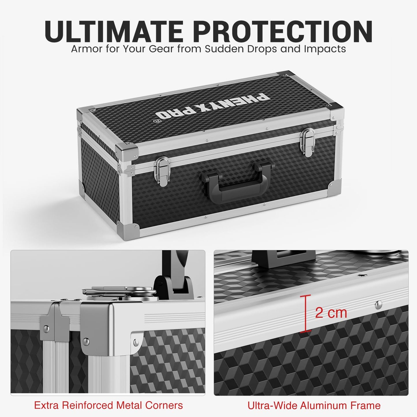 Phenyx Pro Equipment Storage Case, Carrying Case with Customizable Pre-Diced Foam, Aluminum Alloy Frame, Perfect for Wireless Microphone Systems