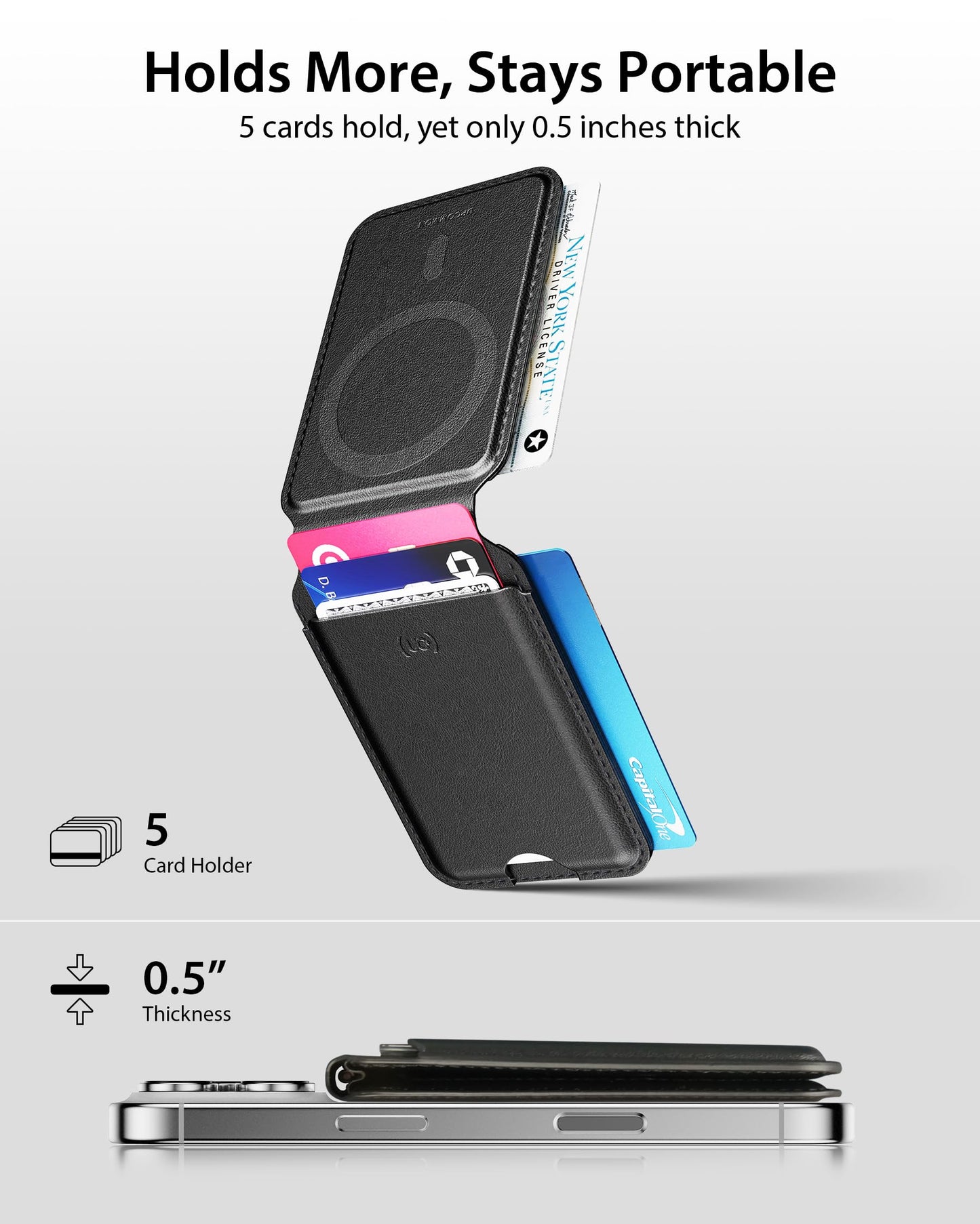 Upcommon Enclave Wallet Stand for iPhone 17/16/15/14/13/12 Series, Compatible with MagSafe, Magnetic 5 Card Holder, Adjustable Stand, RFID Blocking