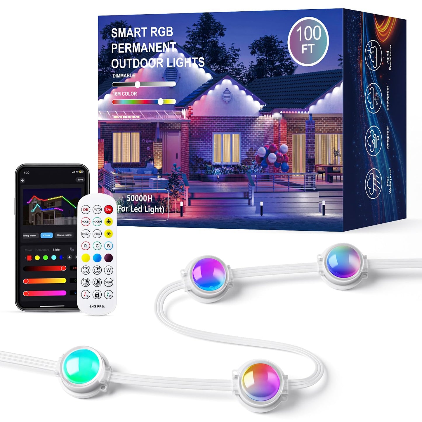 JOH Permanent Outdoor Lights,100FT RGB+IC Smart Eave Lights with DIY Color, IP67 Waterproof, App & Remote Control, 72 Scene Modes, Outdoor Roof