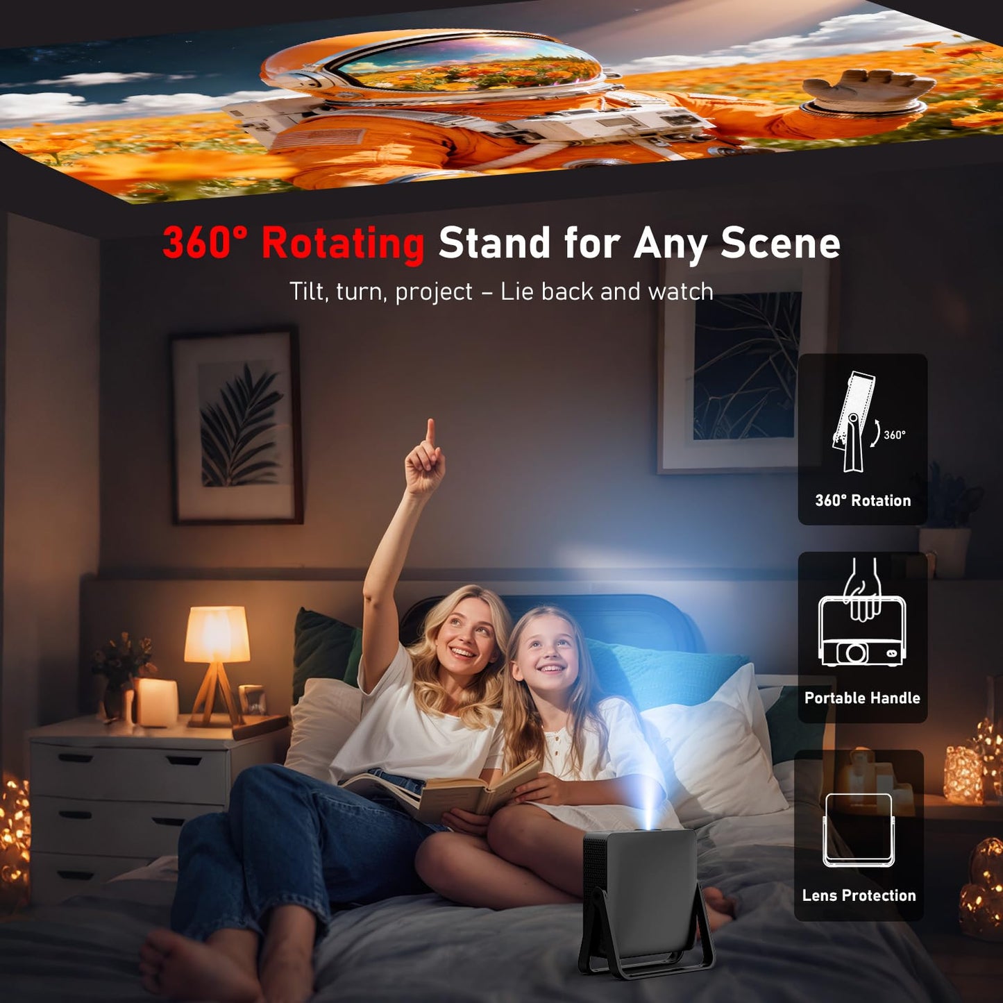 [Ultra-Slim 1.97"| Auto Focus | Built-in Apps | 360° Stand] Smart Mini Projector with WiFi and Bluetooth, Compatible with Netflix, Youtube, Prime