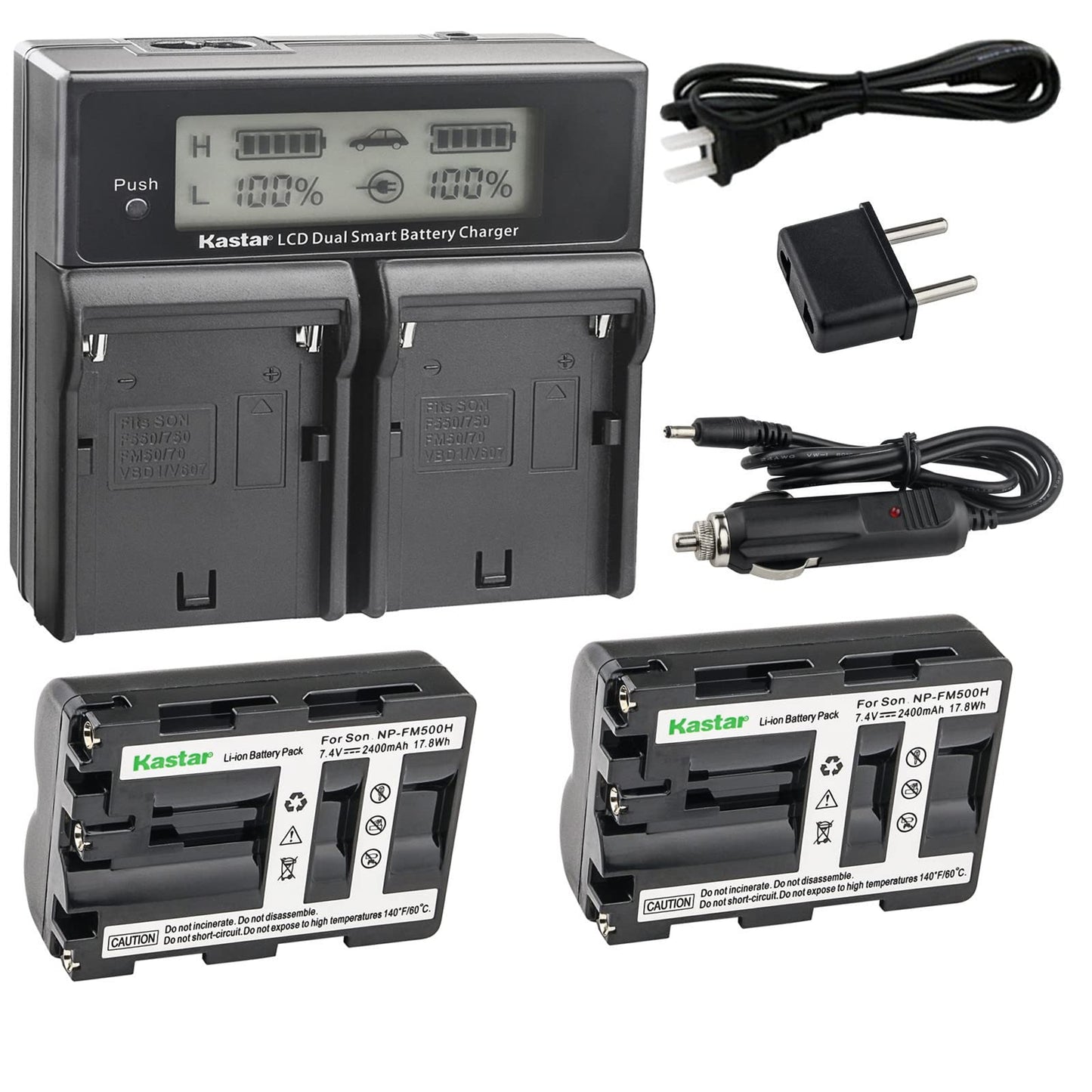 Kastar LCD Dual Smart Fast Charger & 2 x Battery Replacement for NP-FM500H NP-FM500 and Sony Alpha SLT A58 A57 A65 A77 A99 A77V A77II A350 A450 A500