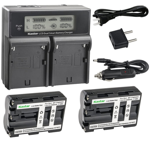 Kastar LCD Dual Smart Fast Charger & 2 x Battery Replacement for NP-FM500H NP-FM500 and Sony Alpha SLT A58 A57 A65 A77 A99 A77V A77II A350 A450 A500