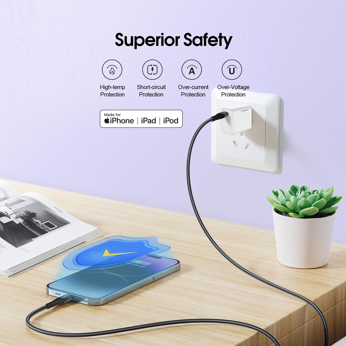 Amaitree USB C to Lightning Cable, [Apple MFi Certified] 4Ft 2Pack Fast Charging iPhone Lightning Woven Cord, 3A Lightning to USB C Car Play Charging…