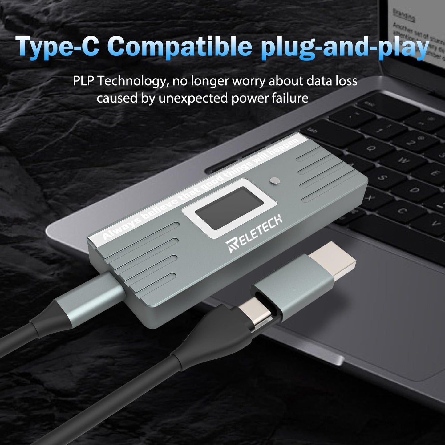 Reletech M.2 NVME SATA SSD Enclosure, USB3.2 Type-C (10Gbps) Hard Drive Case, Tool-Free Installation Compatible with 2230/2242/2260/2280 (Gray)