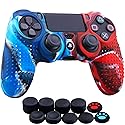 YoRHa Studded Dots Silicone Rubber Gel Customizing Cover for Sony PS4/slim/Pro Dualshock 4 Controller x 1(Camou Red&Blue) with Pro Thumb Grips x 10