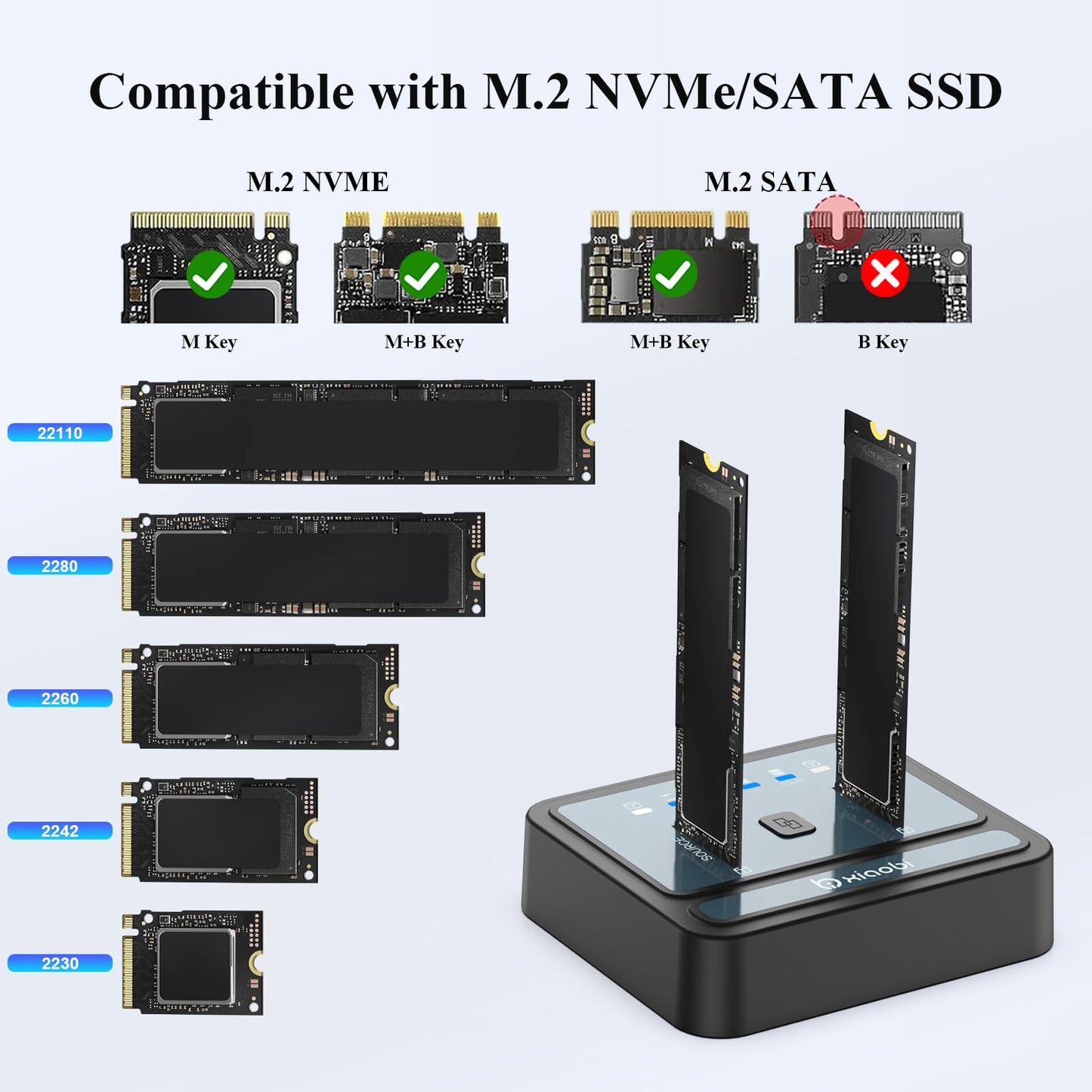 M.2 NVMe/SATA SSD Cloner, M.2 Duplicator 2-Bay Hard Drive Enclosure, Tool-Free 20Gbps USB3.2 Gen 2X2 Hard Drive Reader for NVMe SATA SSD Supports