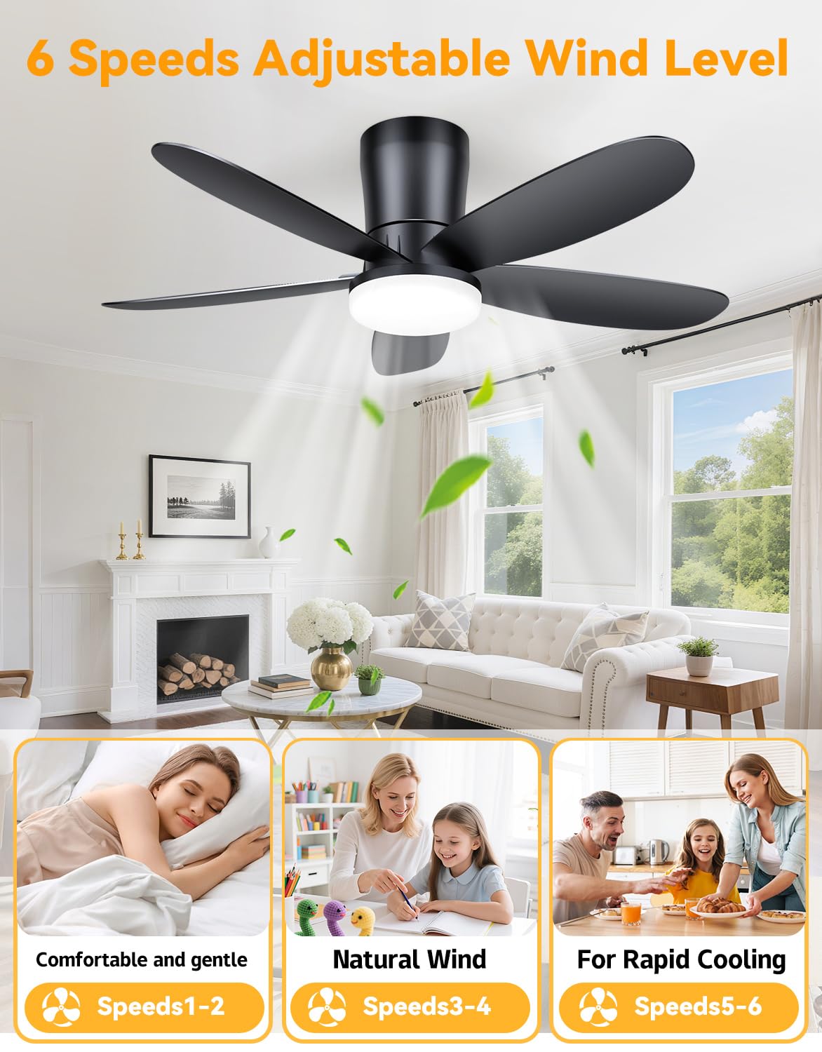 DABOUHORS Ceiling Fans with Lights, Low Profile 42-Inch Modern Small Ceiling Fan for Bedroom Indoor Outdoor - Dimmable Fans with Timer Remote Control