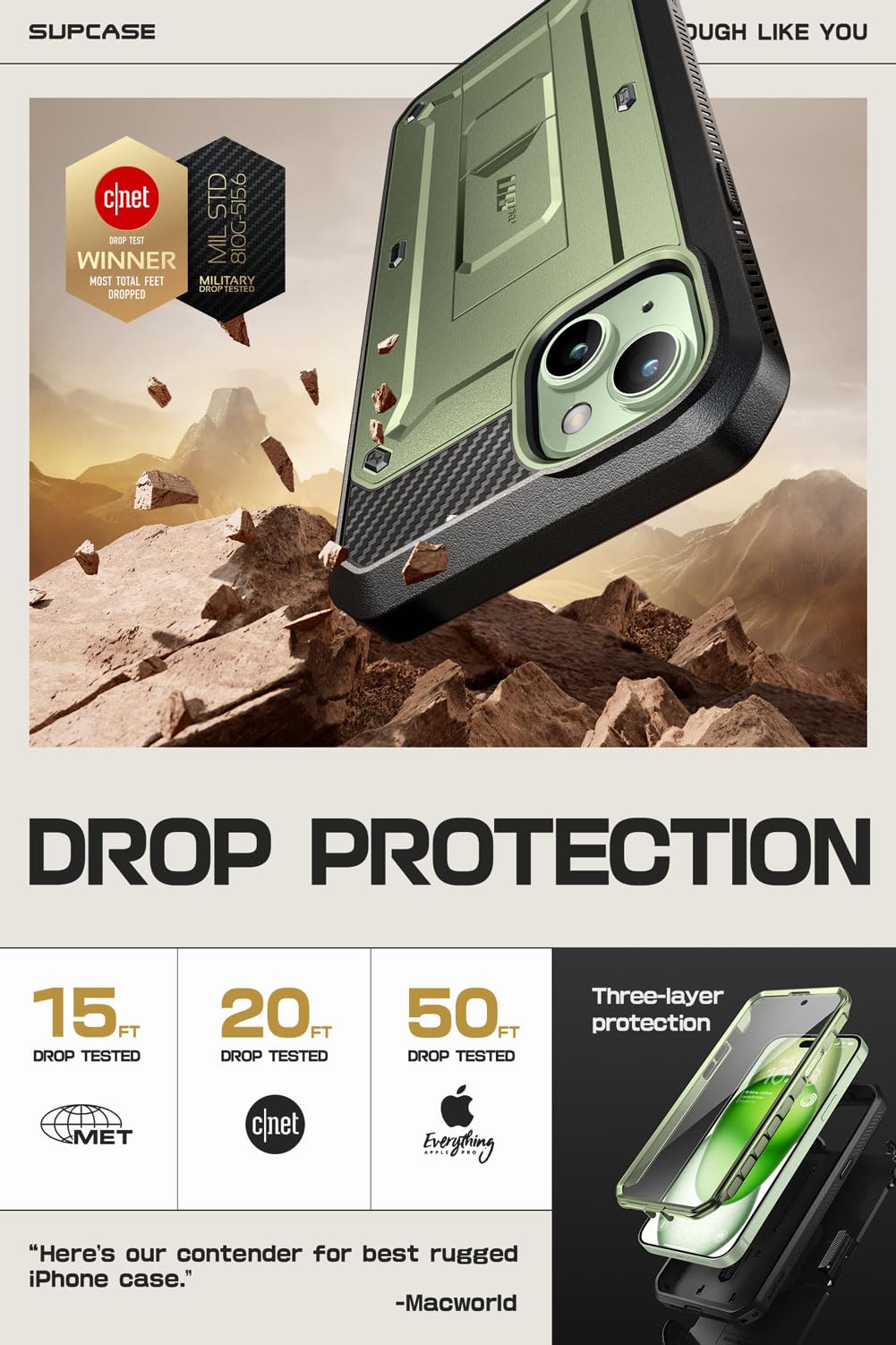 SUPCASE for iPhone 15 Case with Stand & Belt-Clip(Unicorn Beetle Pro), [Built-in Screen Protector] [Military-Grade Drop Protection] Heavy Duty Rugged