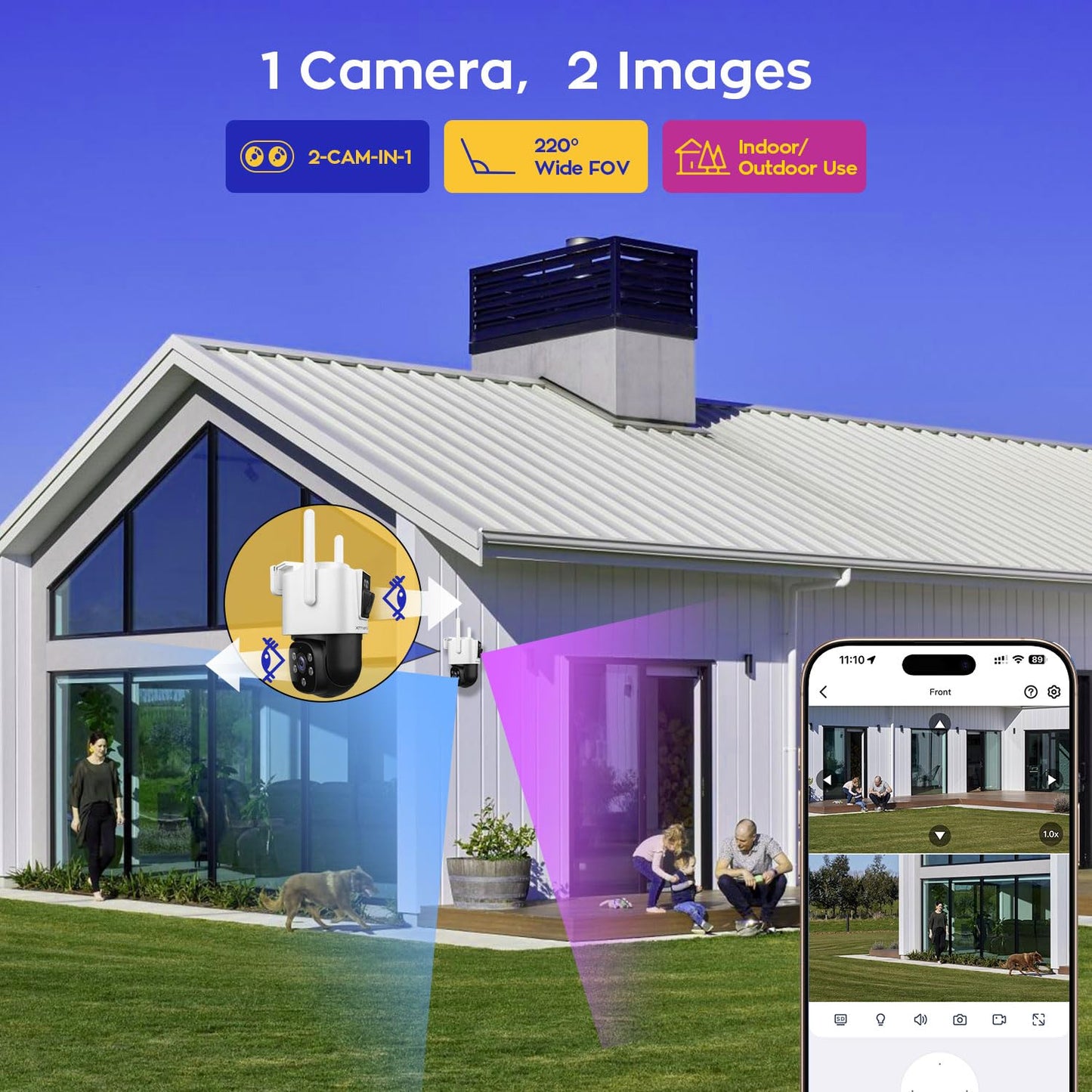 xmartO WiFi6 Dual-Lens Security Camera, 4MP QHD 2-in-1 Home Camera with 180° Static FOV & 360°PTZ AI Tracking, 5G/2.4G Dual Band, Bluetooth Easy
