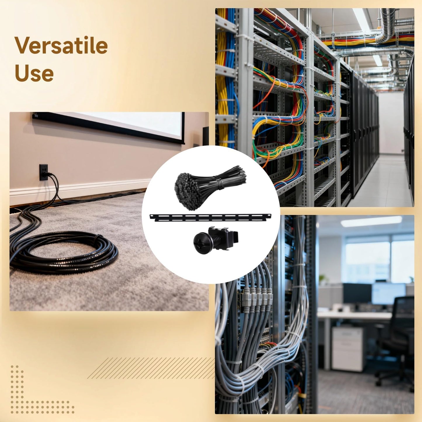 10 Pcs 19 in Rack Cable Management Kit, Including 0.5U L-Shaped Tie Bars, 20 Cabinet Screws, 100 Cable Ties, Sturdy Metal with Black Coating