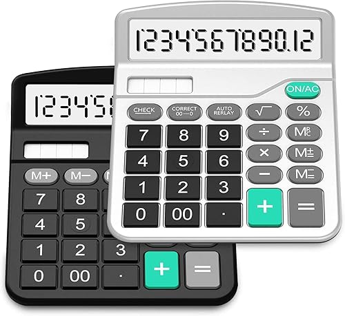 Calculator, Splaks 2 Pack Standard Functional Desktop Calculators Solar and AA Battery Dual Power Electronic Office Calculators with 12-Digit Large