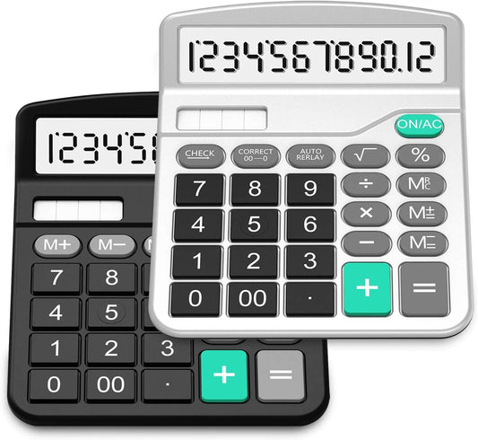 Calculator, Splaks 2 Pack Standard Functional Desktop Calculators Solar and AA Battery Dual Power Electronic Office Calculators with 12-Digit Large