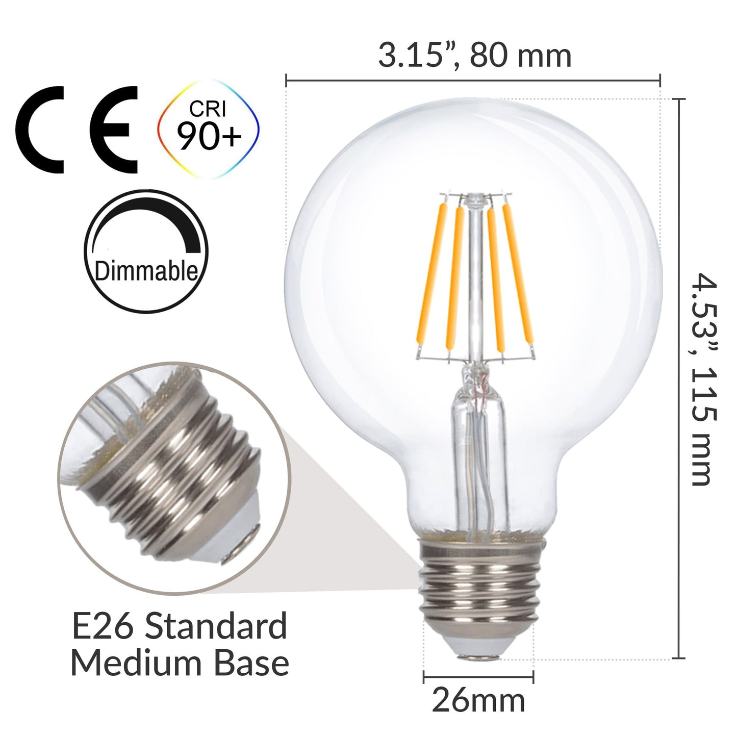 Simba Lighting LED Edison Vintage Filament G25 4W 120V E26, 2700K, 6 Pack