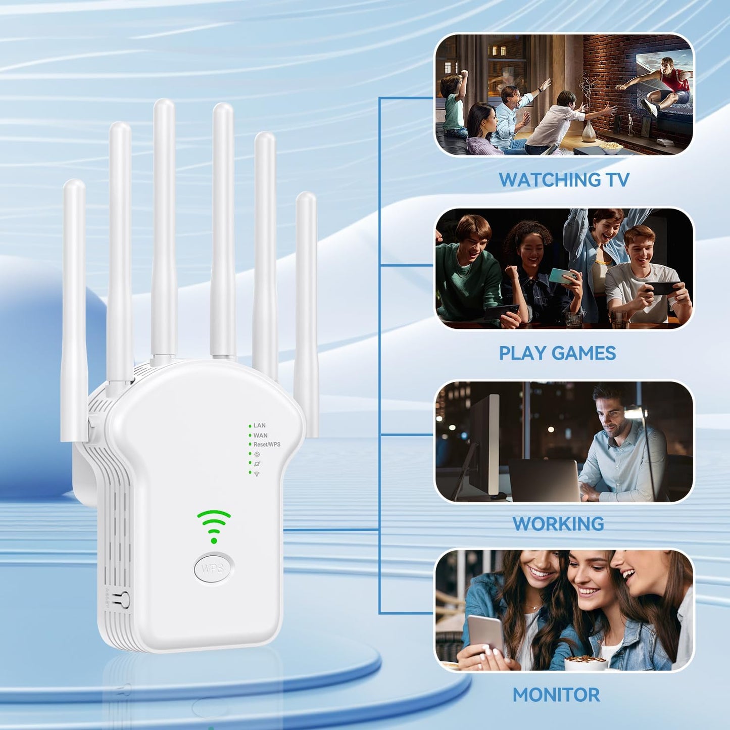 Niuluze WiFi Extenders Signal Booster for Home, Coverage up to 8000 sq.ft, Wireless Internet Repeater 300Mbps, Ethernet Port, 5 Modes, 6 Antennas 360