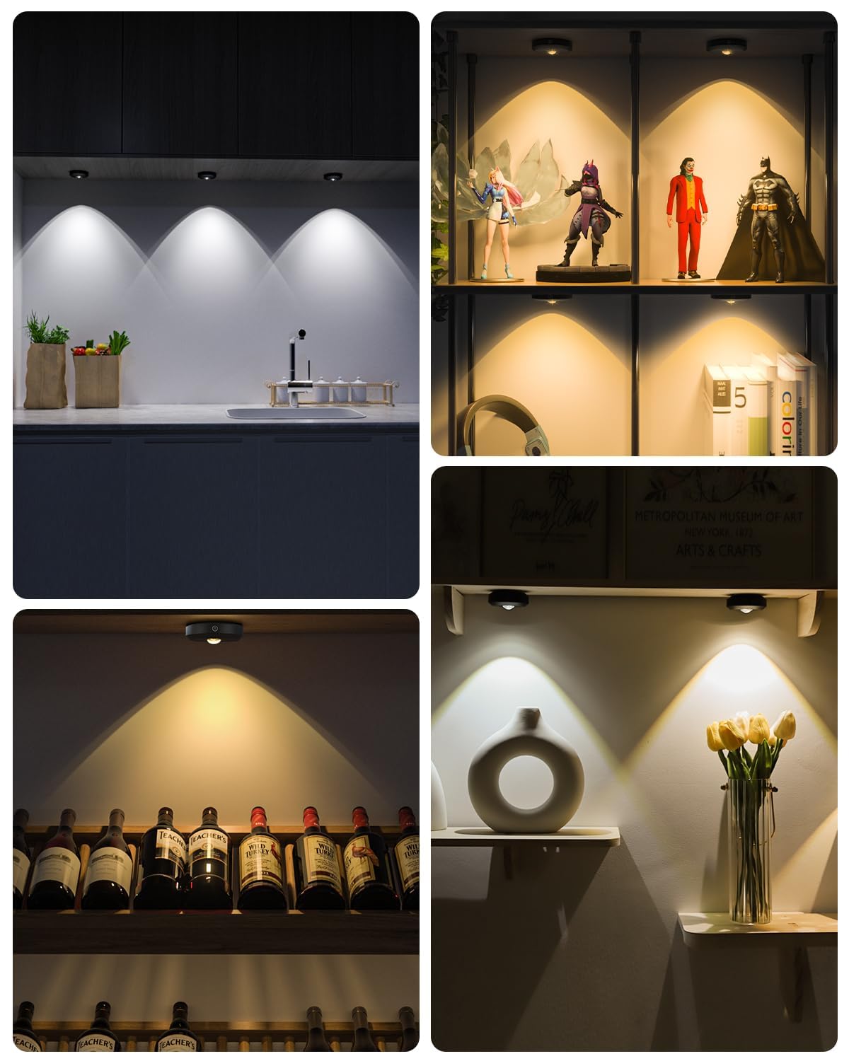 WILLED Puck Lights with Remote Control, Rechargeable Under Cabinet Lights, 1200mAh Battery Operated Tap Lights, Dimmable Push Lighting, Wireless