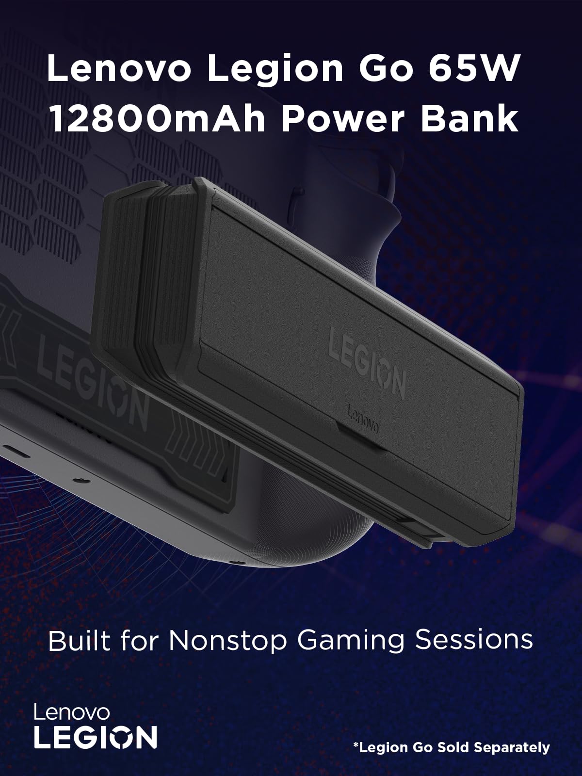 Lenovo Legion Go 65W 12800 Power Bank, Portable Power for Handheld Gaming and Other Devices, USB-C Integrated Cable, Magnetic Attach, Built-in Stand