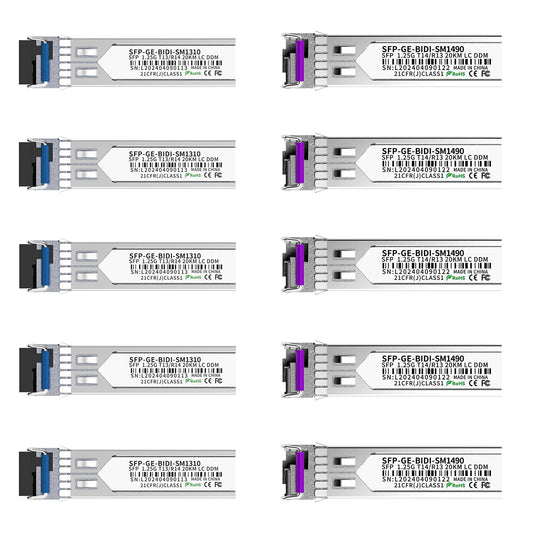 5 Pair 1.25G BiDi SFP Fiber Transceiver Module, 1000BASE-BX-D, Single-Mode Simplex LC, Tx/Rx 1490nm/1310nm, DDM, SMF, Compatible with Cisco