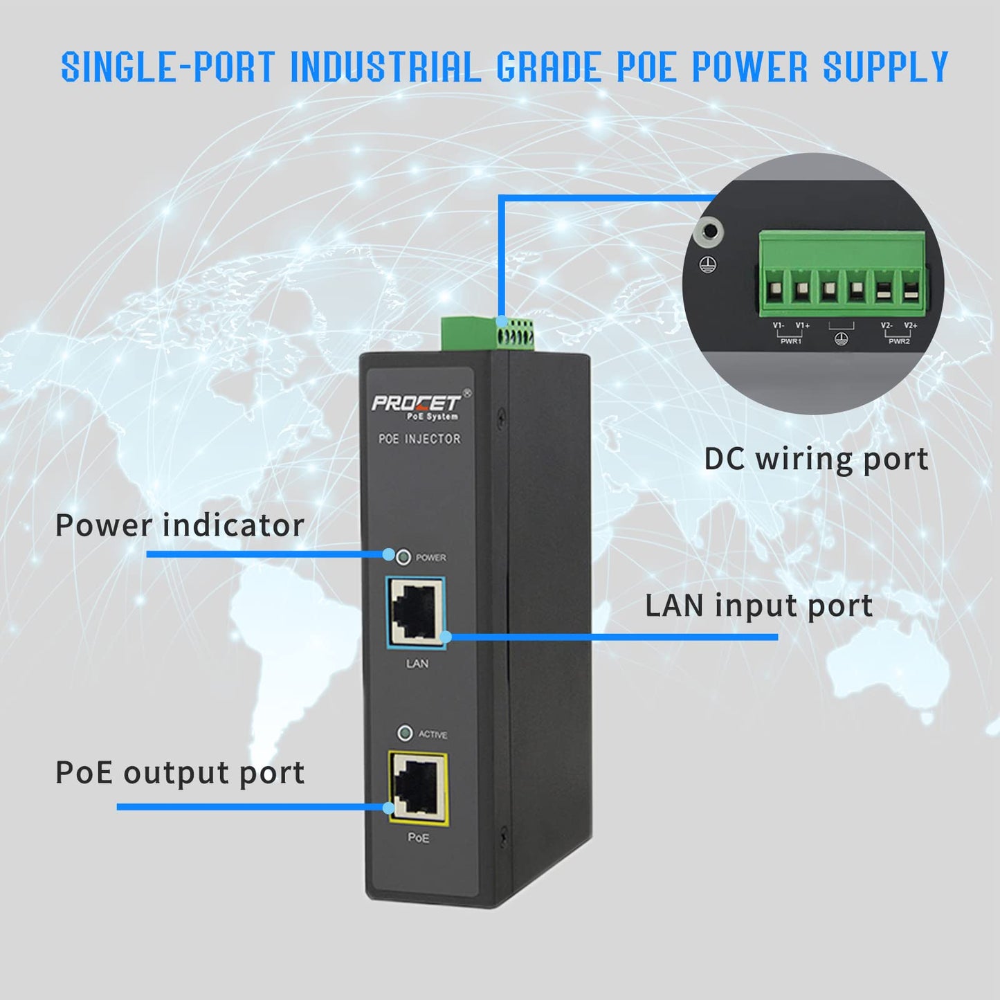 PROCET PoE++ 95W PoE Injector DIN Rail PoE Power Injector with 6KV Surge Protection, IEEE 802.3 af/at, Wide Working Temperature -40? to 149?