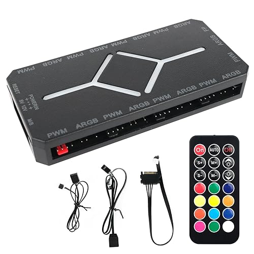 ARGB PWM Fan Hub, Addressable 5V-3PIN 2-in-1 RGB Computer PC Case Fan Hub 1 to 9 Ports Magnetic Splitter with Remote SATA Power Supply, Power Off