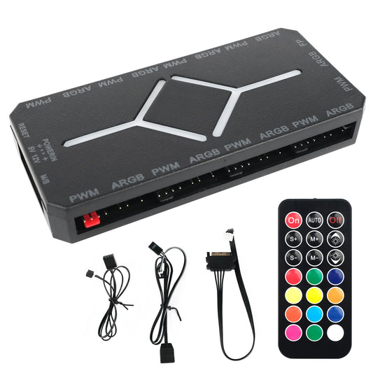 ARGB PWM Fan Hub, Addressable 5V-3PIN 2-in-1 RGB Computer PC Case Fan Hub 1 to 9 Ports Magnetic Splitter with Remote SATA Power Supply, Power Off