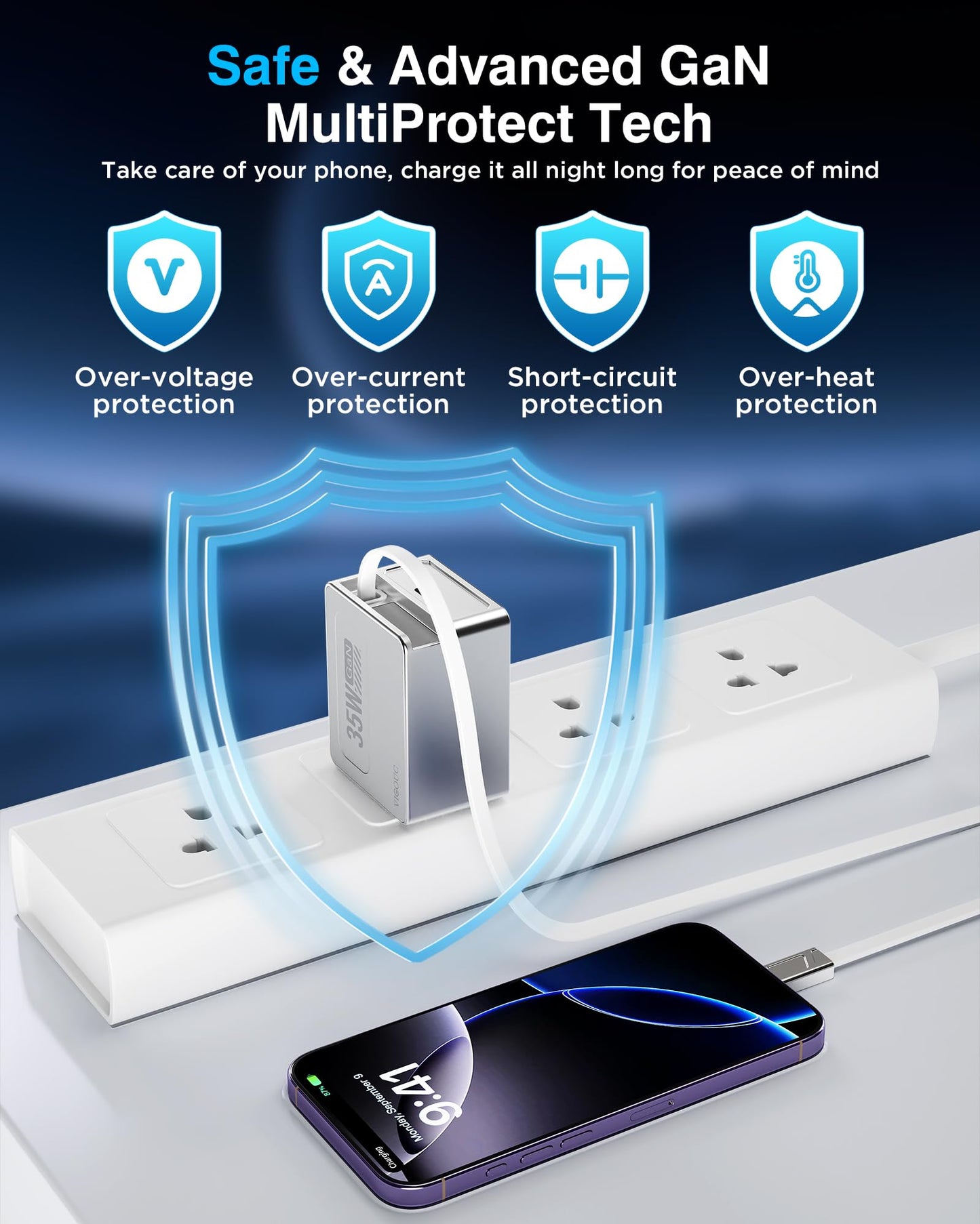 VIGOUC USB C Retractable Fast Charger, PD 35W Dual Port, Wall Adapter Foldable US Plug, Type C Lightning Cable, Compact GaN Charging Block for iPhone