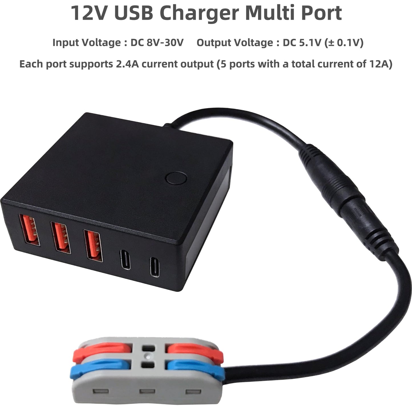 12V 24V to USB 5V Step Down Converter Power Adapter, 12 Volt USB C Charger Multi Port, DC 8V-30V to Type-C 5 Volt 12A 60W Buck Module.