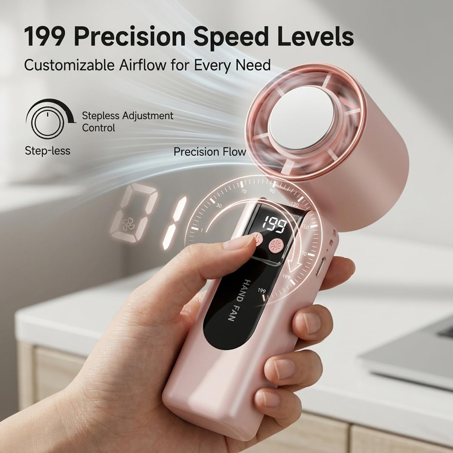 LONCIN Handheld Fan with Semiconductor Cooling Plate, 199 Speeds Portable Turbo Fan, LED Display Personal Small Fan, USB-C Rechargeable Cooling Fan