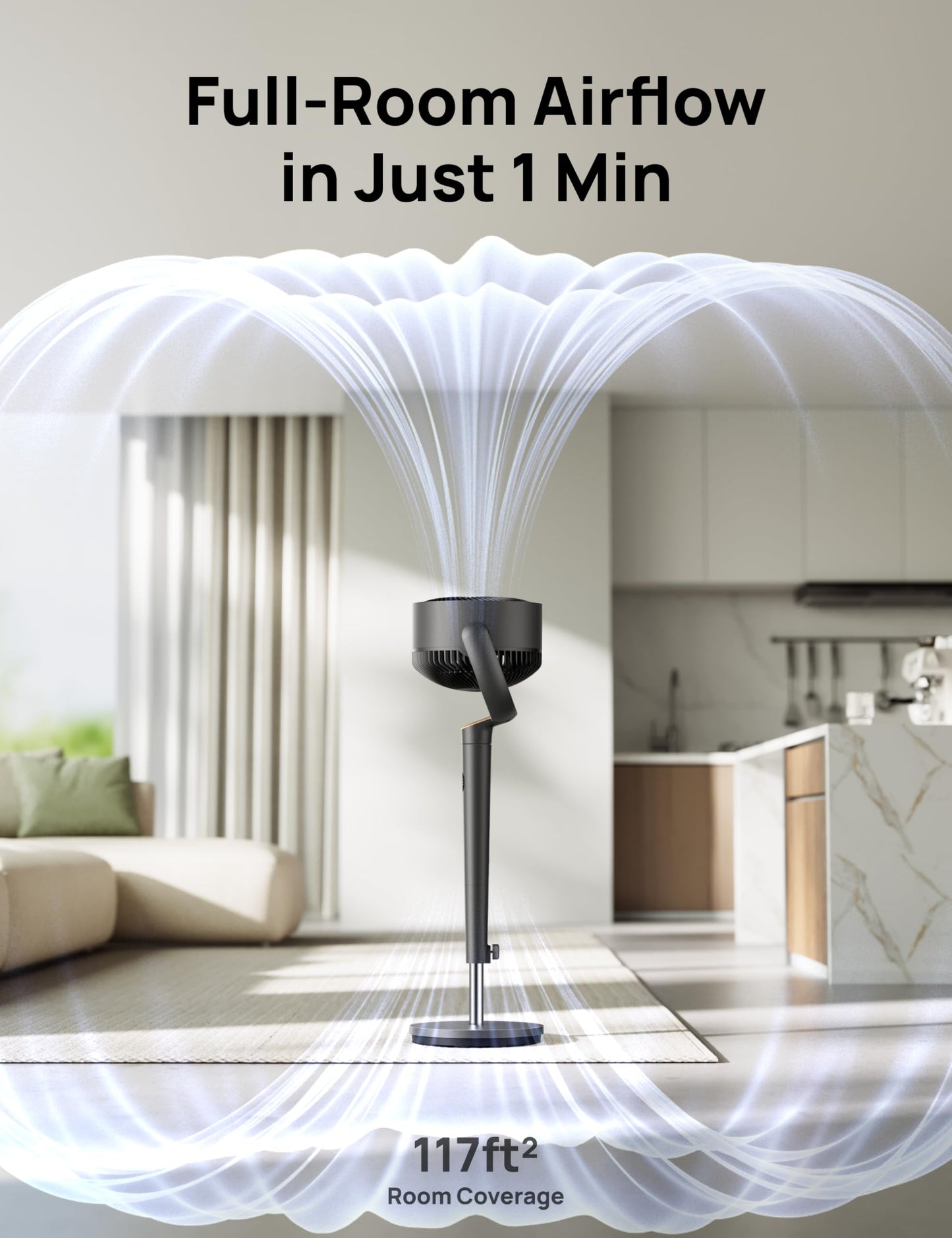 DREO Fan for Bedroom, 120° Oscillating Standing Fans, Quiet Floor Fan with DC Motor, 100ft Pedestal Fans for Room, 9 Speeds, 4 modes, 120° Manual