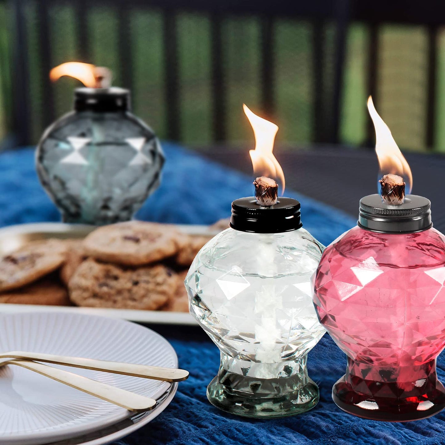 DIKAIDA 4 Pack Glass Table Torch,Citronella Glass Table top Torches with Wick and Cap for Outdoor ,Refillable Torches Landscape Lanterns Torches