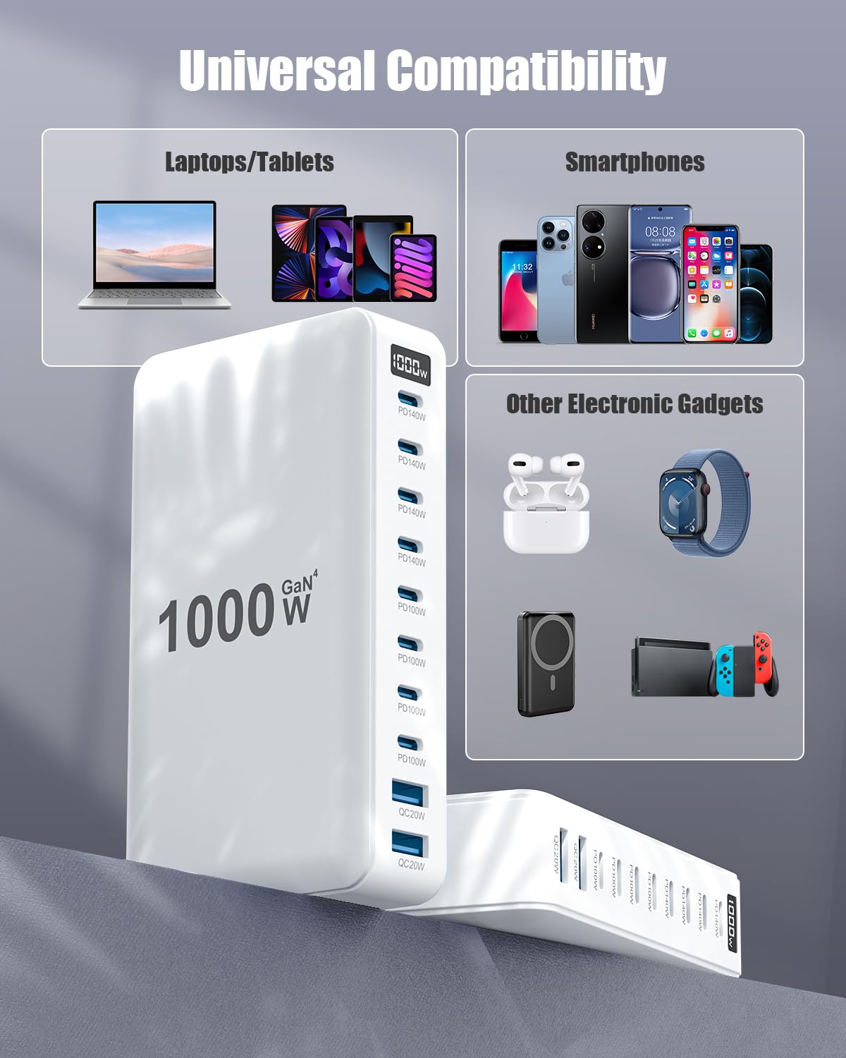 USB C Charger 1000W USB C Charger Block,Upgraded GaN IV 10-Port Charging Station Hub,Travel Essentials 140W Fast Charging Laptop Adapter for MacBook