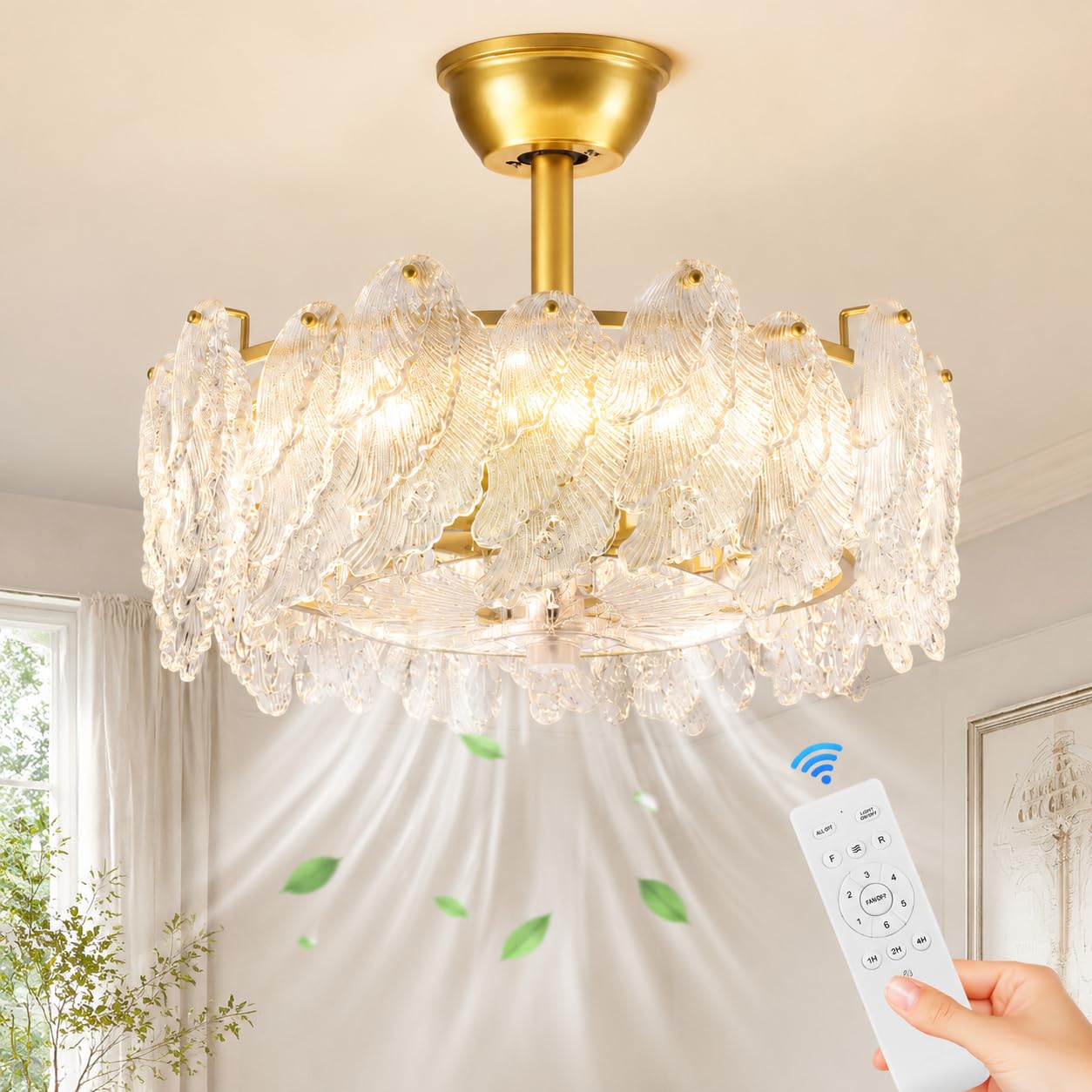 20" Fandelier Ceiling Fan with Light and Remote, Gold Chandelier Fan