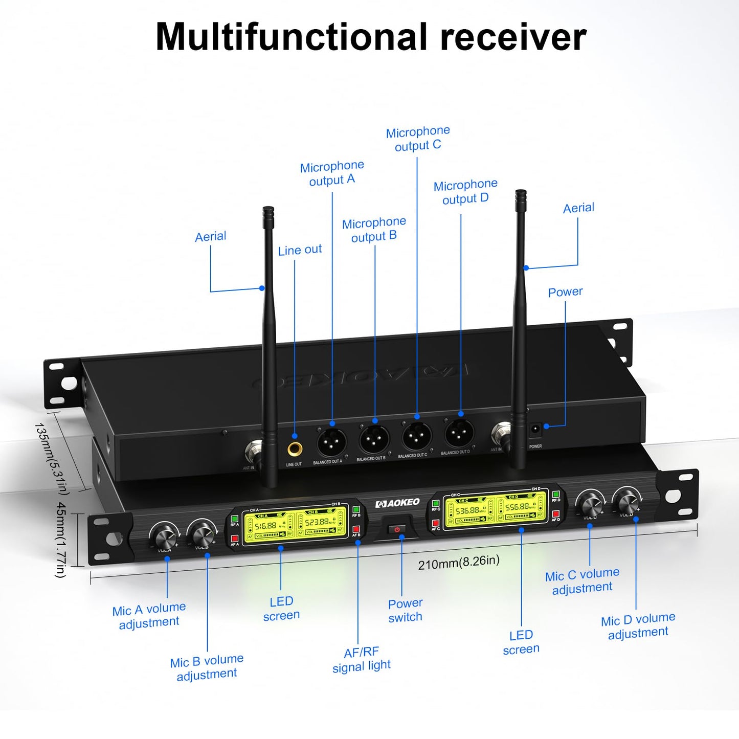 Aokeo Wireless Microphones System, 4 Channel UHF Wireless Mics,with 4 Handheld Dynamic Microphones,Metal Receiver for