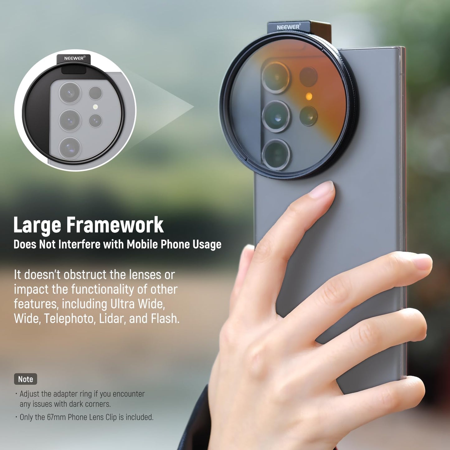 NEEWER 67mm Phone Filter Mount, Adjustable Threaded Lens Filter Clip with Cold Shoe Mount Compatible with iPhone 17 16 15 Pro Max Plus 14 13 Samsung