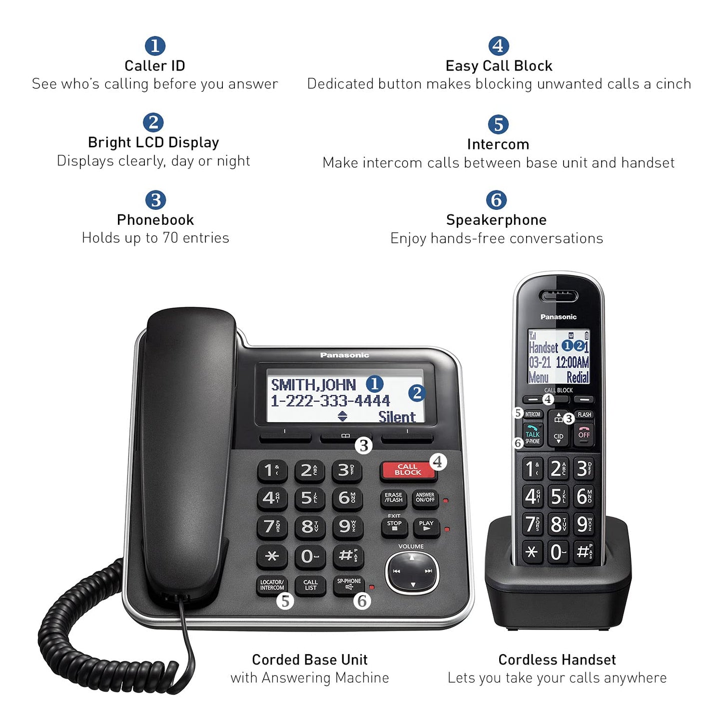 Panasonic Expandable Corded/Cordless Phone System with Answering Machine and One Touch Call Blocking - 1 Handset - KX-TGB850B (Black)