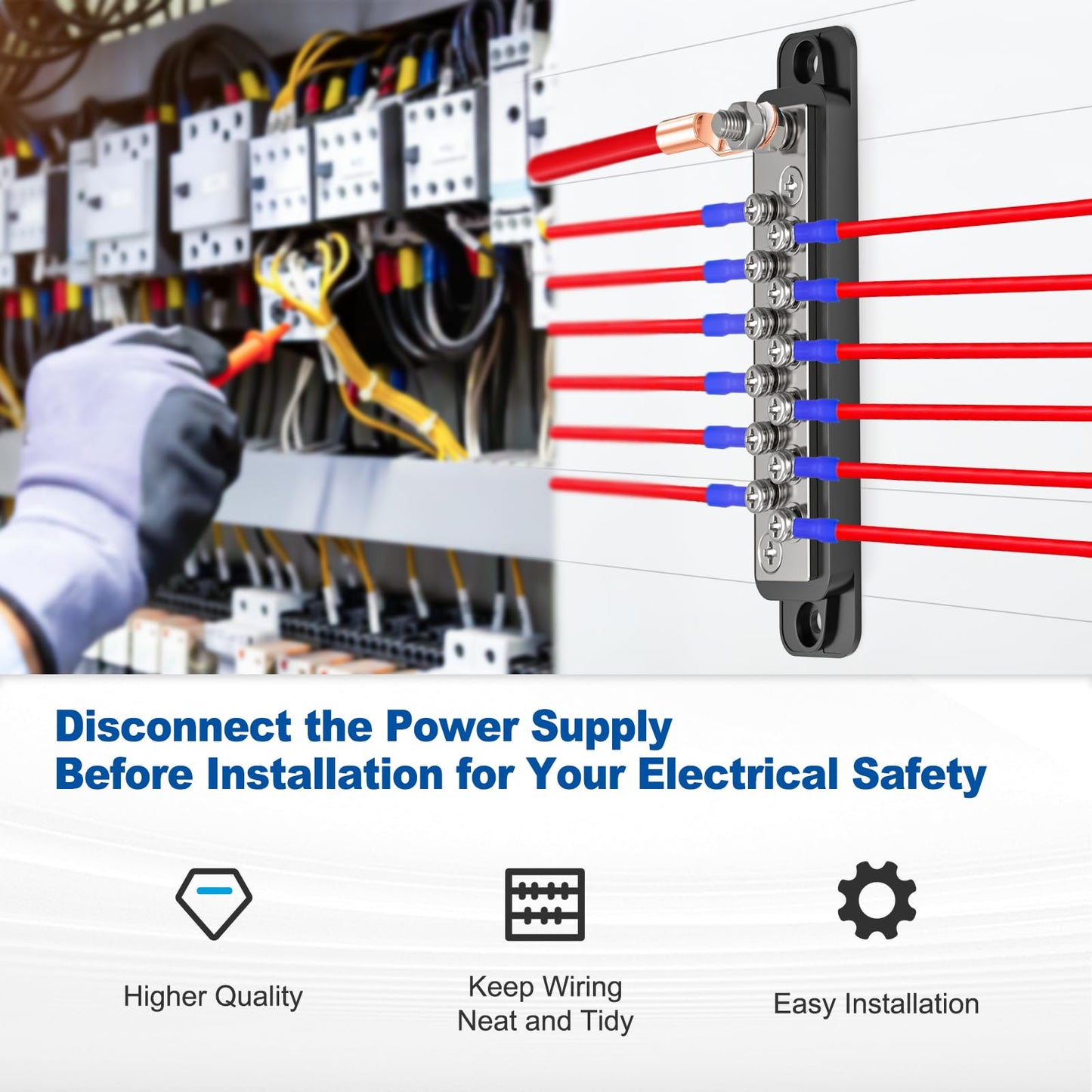 Buhobha 150A 12V/48V Heavy Duty Power Distribution Busbar - Bus Bar 12 Volt DC | 1/4" (M6) Main Stud + 20 M4 Terminals | Suitable