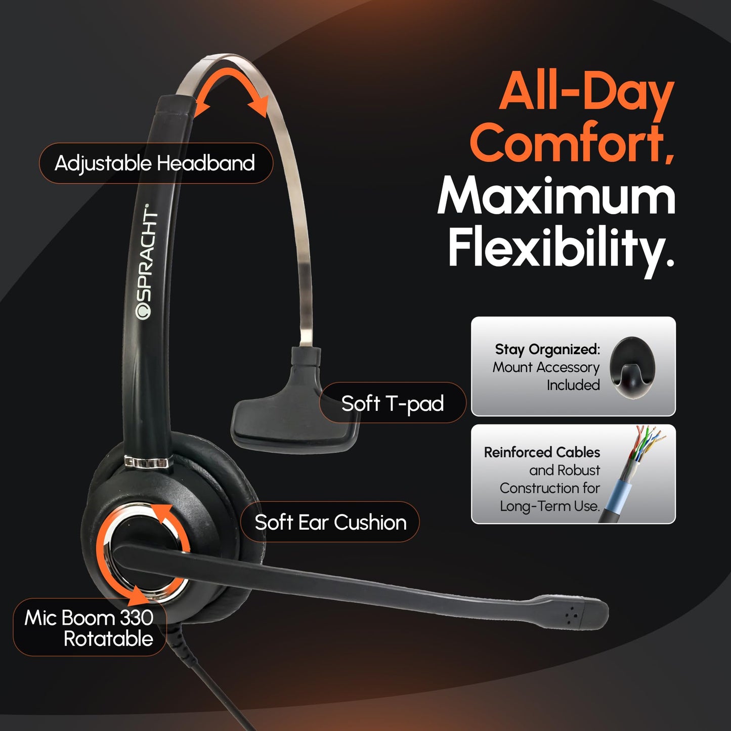 Spracht Wired Headset for Desktop Phone | Single Ear Universal Headset for Office Telephones | Mono Head Set with Microphone - Works with Polycom