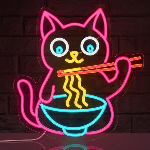 LMHSE Ramen Cat Neon Sign for Wall Decor, Cute Cat Neon Sign Ramen LED Signs for Wall Art Decor Restaurant Home Bar Kitchen Dining Bedroom Art Decor